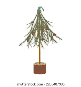 Weihnachtsbaum im skandinavischen Stil. Moderner Baum. Weihnachtsdekor. Zweige in einer Tasche zerstreuen.