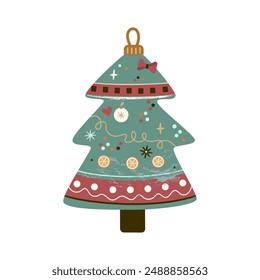 Christmas tree boho style. Festive decor for Christmas and New Year stickers. Christmas decorations, balls, snowflakes, stars, ornaments, natural colors. Vector isolated on white background