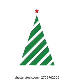  Christmas tree with bold diagonal stripes and red star. Stylish modern winter holiday symbol