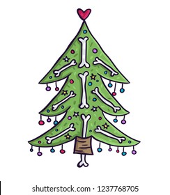 
Christmas tree with bones. Creepy new year illustration. Hand draw death christmas.