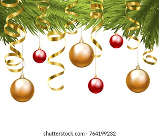 Christmas tree border with baubles and golden serpentine streamers isolated on white