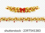 Christmas tree border with golden fir branches, red bow, balls and lights isolated on transparent background. Pine, xmas gold decoration frame and seamless banner. Vector string garland decor set