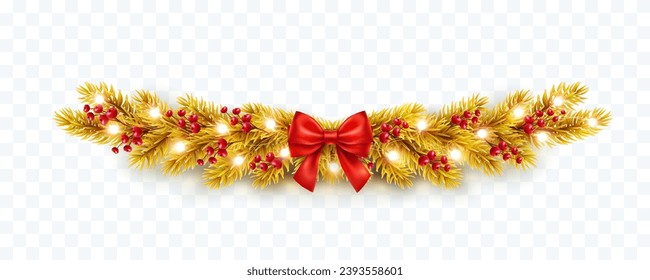 Christmas tree border with golden fir branches, red bow, berries and lights isolated on transparent background. Pine, xmas gold evergreen plants decoration. Vector string garland decor