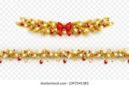 Christmas tree border with golden fir branches, red bow, balls and lights isolated on transparent background. Pine, xmas gold decoration frame and seamless banner. Vector string garland decor set