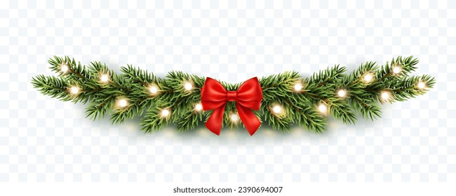 Christmas tree border with green fir branches, red bow and gold lights isolated on transparent background. Pine, xmas evergreen plants frame. Vector string garland decor