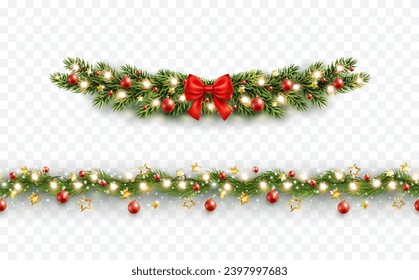 Christmas tree border with green fir branches, red bow, balls, gold lights isolated on transparent background. Pine, xmas evergreen plants frame and seamless banner. Vector string garland decor set