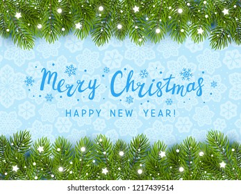 Christmas tree border with holiday decor on blue