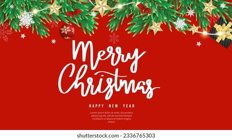 Christmas tree border with holiday decor on red background, Element in Christmas holiday , illustration Vector