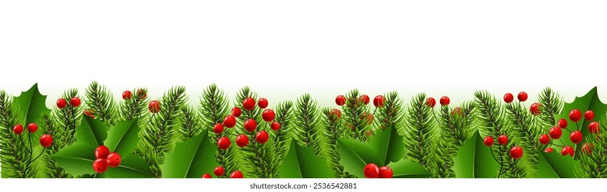 Christmas Tree Border With Holly Berry White Background 
With Gradient Mesh, Vector Illustration