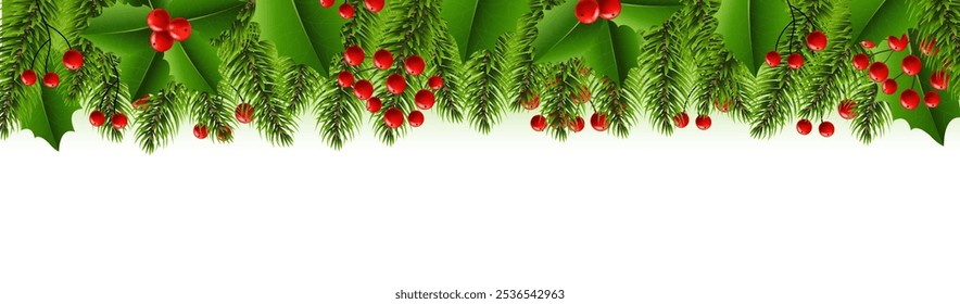 Christmas Tree Border With Holly Berry And White Background 
With Gradient Mesh, Vector Illustration
