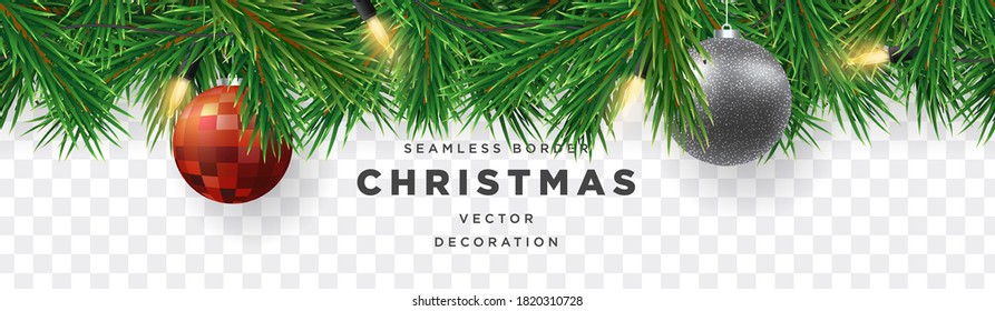 Christmas tree border with lights and baubles template vector on isolated background