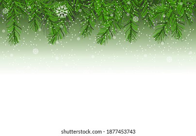 Christmas tree border on green background - garland from green spruce branches and white snowflakes.with free space for lettering.