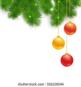 Christmas Tree Borders with hanging balls.  Vector realistic illustration for your design.