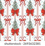 Christmas tree, bow, ribbon and candy cane seamless pattern. Merry Christmas, New Year wallpaper.	