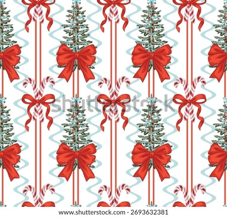 Christmas tree, bow, ribbon and candy cane seamless pattern. Merry Christmas, New Year wallpaper.	