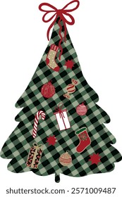 Christmas tree with bow, Christmas toys, bow, watercolor, patchwork. Vector. Green cage, plaid texture. Luxury Christmas tree with decoration, fabric, textil surface.