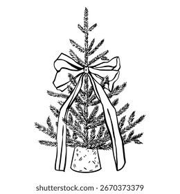 Árbol de Navidad con ilustración de contorno de Vector de arco. Ilustración de Antiguas. Árbol de Navidad de estilo retro. Ilustración monocromática gráfica en blanco y negro aislada sobre fondo blanco. Ilustración vectorial