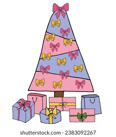 Christmas tree with bows and gift boxes in hand drawn style. Vector illustration