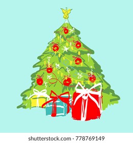Christmas tree with bows, gift, on a blue