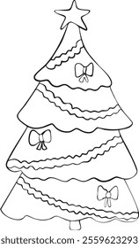 Christmas tree with bows Outline vector illustration Winter holidays Merry Christmas and New Year line art Minimalistic hand drawn cute style