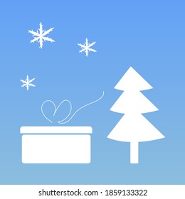 Weihnachtsbaumbox für ein Geschenk mit einer schönen Schleife und Schneeflocken auf blauem Hintergrund Festivals Symbol des Winters