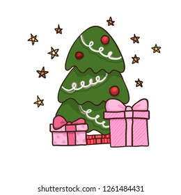 christmas tree box gift card. hand drawn illustration