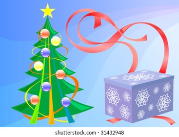 Árbol de Navidad y caja con regalo sobre fondo azul