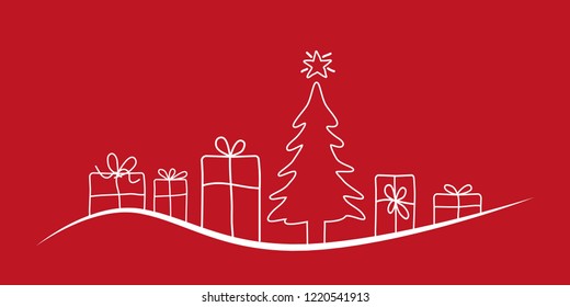 Christmas tree and box of gifts and present under it.