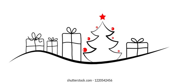 Christmas tree and box of gifts and present under it.