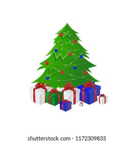 Christmas tree with boxes, decorative balls isolated on white background
