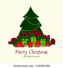 Christmas tree with boxes of gifts near her. New Year's design in the style of paper art. Postcard with text. Vector illustration