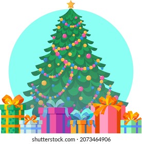 Christmas tree with boxes with gifts. New Year illustration