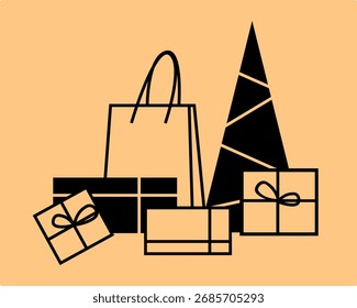 Weihnachtsbaum und Kisten mit Geschenken. Konturenstil der schwarzen Illustration.