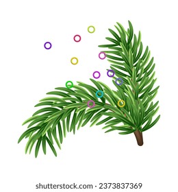 Christmas tree branch 3D. Green pine, evergreen plant. Winter holiday element for decoration, design of banner, card, poster. Isolated Christmas tree branch on white. Vector illustration.