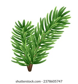 Christmas tree branch 3D. Green pine, evergreen plant. Winter holiday element for decoration, design of banner, card, poster. Isolated Christmas tree branch on white. Vector illustration.