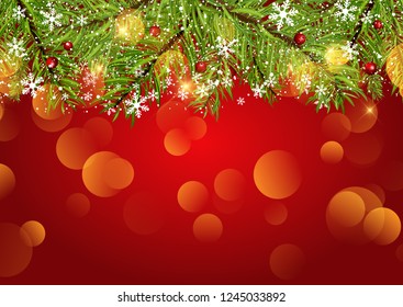 Weihnachtsbaumzweig mit Schneeflocken und Bokeh-Lichtern