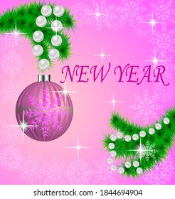 Christmas tree branch with a Christmas ball on a pink background with snowflakes and the words New Year.