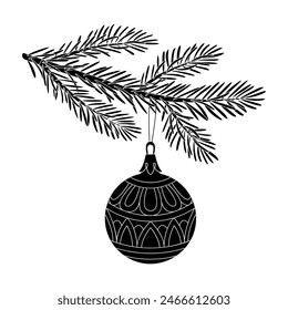 Christmas tree branch with christmas ball silhouette. Modern black and white bauble. Decor for Christmas, new year and holidays. Hand drawn doodle style isolated on white. Vector illustration