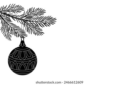 Christmas tree branch with christmas ball silhouette. Modern black and white bauble. Decor for Christmas, new year and holidays. Hand drawn doodle style isolated on white. Vector illustration