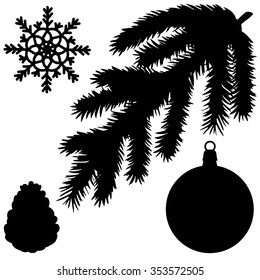 Christmas tree branch, ball, snowflake, cone black silhouette. Pine, fir, spruce, isolated on white background