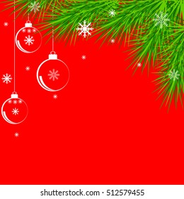 Christmas tree branch and Christmas balls on a red background