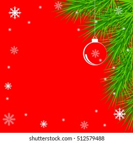 Christmas tree branch and Christmas balls on a red background