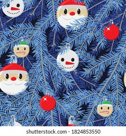 Christmas tree branch with Christmas balls with santa, elf and snowman faces. Seamless pattern. Vector illustration.