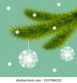 Christmas tree branch with balls of snowflakes. Vector illustration