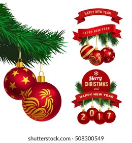 Christmas tree branch and balls with symbol of 2017 New Year Red Fire Rooster, vector graphic illustration, isolated on white.
