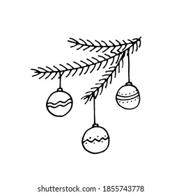 Christmas tree branch with Christmas balls. Vector hand-drawn doodle illustration. Black and white outline