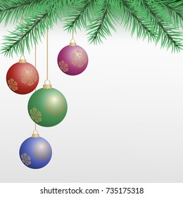 Christmas tree branch and balls. Vector illustration.