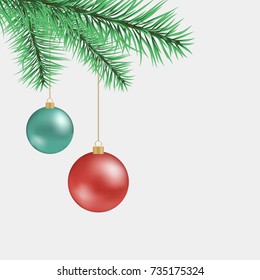 Christmas tree branch and balls. Vector illustration.