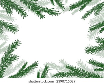 Christmas tree branch banner frame for card or invite, hand drawn illustration. Vector greenery plant background