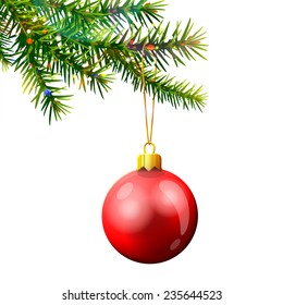 Christmas tree branch with bauble isolated on white. Red christmas ball hanging on pine twig. Vector illustration for christmas, new year's day, winter holiday, design, new year's eve, silvester, etc